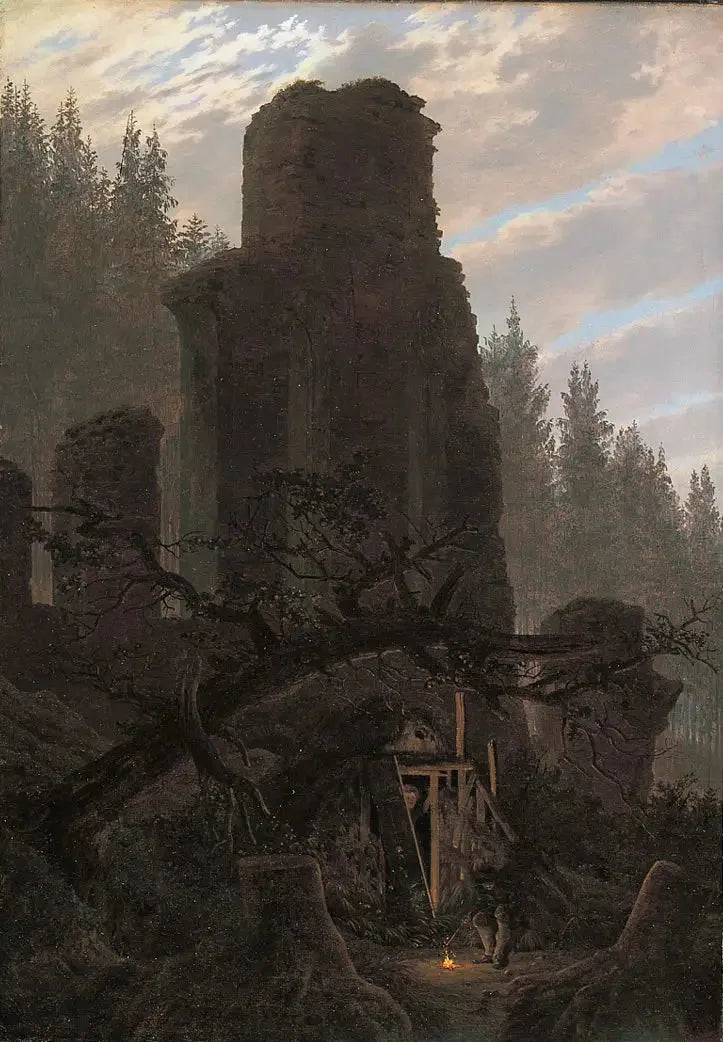 Ruiner ved skumring (Ruine av kirken i skogen) - Caspar David Friedrich