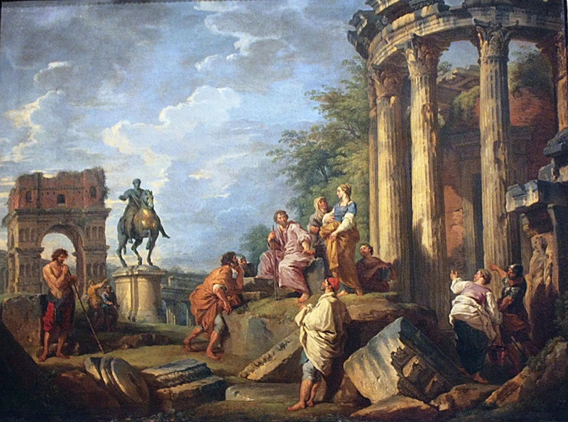 Ruiner av arkitektur med Janus-buen, Vesta-tempelet og den hestekledde statuen av Marcus Aurelius

Source:
Ruines d'architecture avec l'arc de Janus, le temple de Vesta et la statue équestre de Marc-Aurèle - Giovanni Paolo Panini