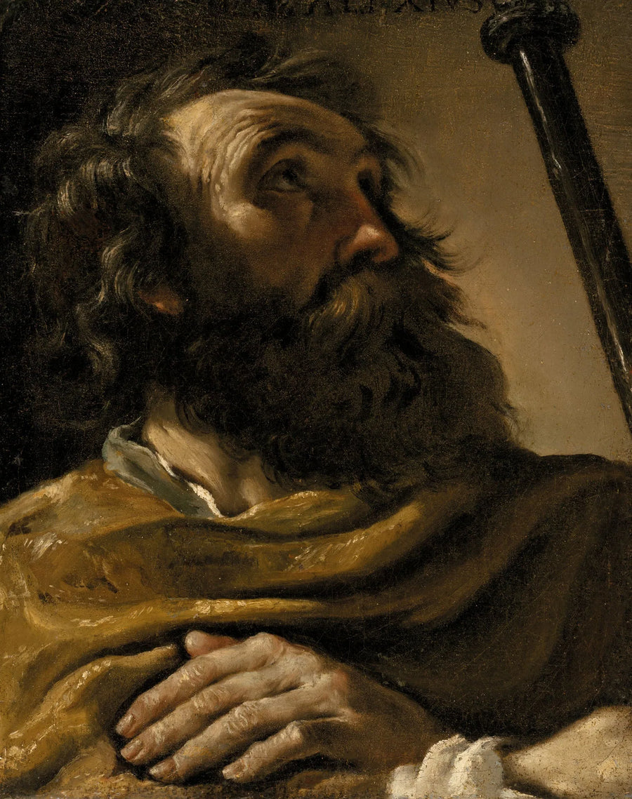 Saint Alexis i en brun frakk, holder en stokk - Guercino