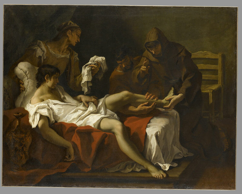 Saint Antoine de Padoue helbredende en ung mann som hadde amputeret foten for å straffe seg selv for å ha slått sin mor - Sebastiano Ricci