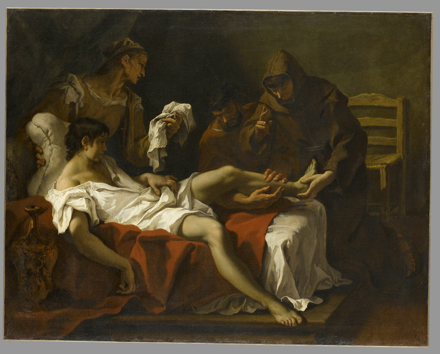 Saint Antoine de Padoue helbredende en ung mann som hadde amputeret foten for å straffe seg selv for å ha slått sin mor - Sebastiano Ricci