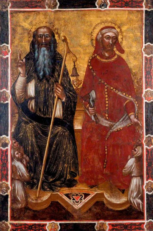 Saint Antoine l'Abbé og Saint Éloi med to par av tilbedere på knærne (på den ene siden av en prosesjonsbanner) (tidligere tilskrevet Barnaba da Modena) - Spinello Aretino
