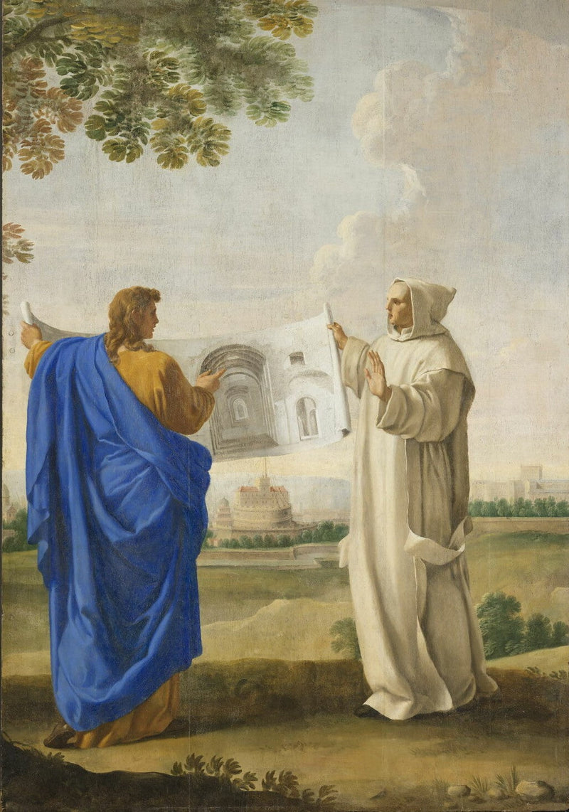 Saint Bruno undersøker en tegning av Diokletians termalbad, plasseringen av den fremtidige klostret i Roma - Eustache Le Sueur