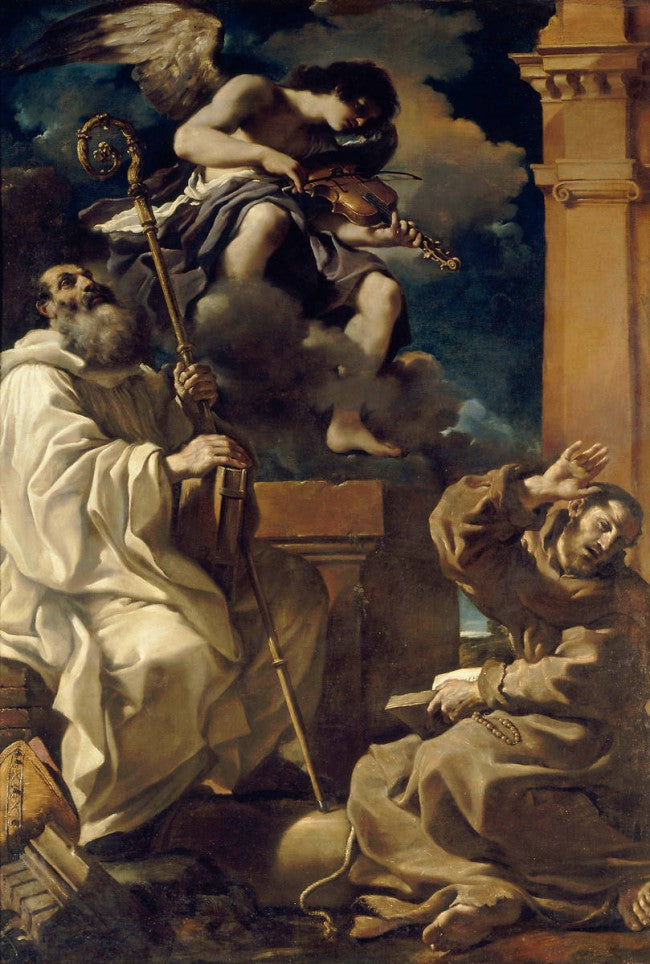 Saint François i ekstase med Saint Benoît og en musikerengel - Guercino