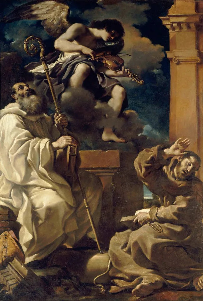 Saint François i ekstase med Saint Benoît og en musikerengel - Guercino