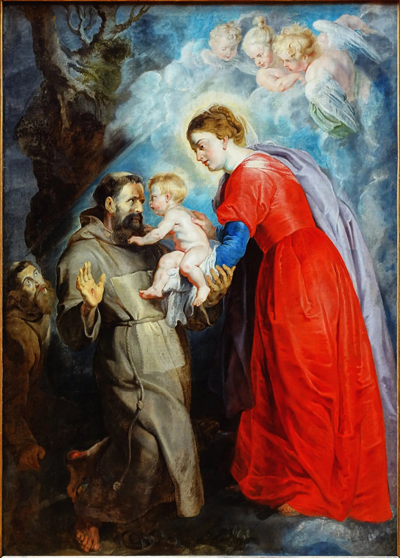 Saint François mottar den lille Jesus fra hendene til Jomfruen - Peter Paul Rubens