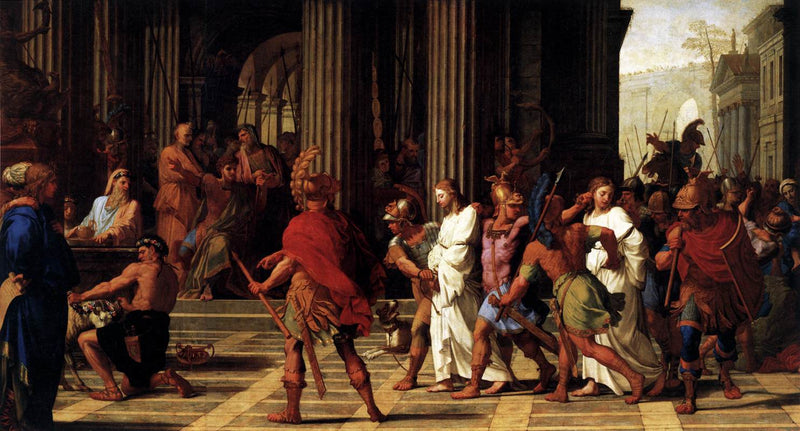Saint Gervais og Saint Protais ankommer foran Astasius som nekter å ofre til Jupiter - Eustache Le Sueur