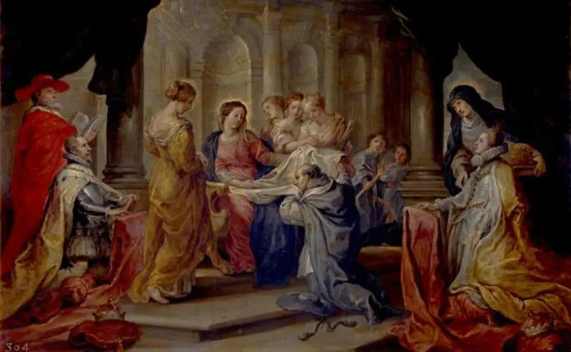 Saint Ildefonse som mottar messenes kappe av Jomfruen, i nærvær av erkehertug Albert og infante Isabelle - Peter Paul Rubens
