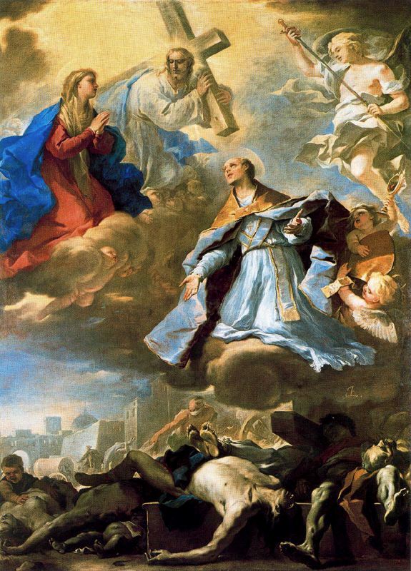Saint Janvier ber for jomfruen, Kristus og den evige Faderen for pesten. - Luca Giordano