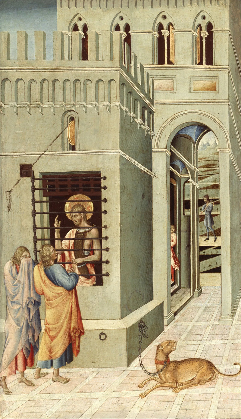 Saint Jean-Baptiste i fengsel mottar besøk av to disipler - Giovanni di Paolo