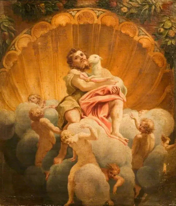 Saint Jean med Lammet (kopi av fresken i kuppelen i katedralen i Parma) - Antonio da Correggio