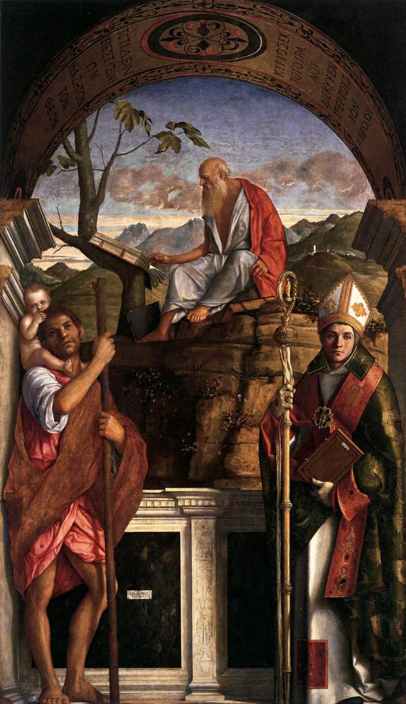 Saint Jérôme lesende med Saint Christophe og Saint Louis de Toulouse - Giovanni Bellini