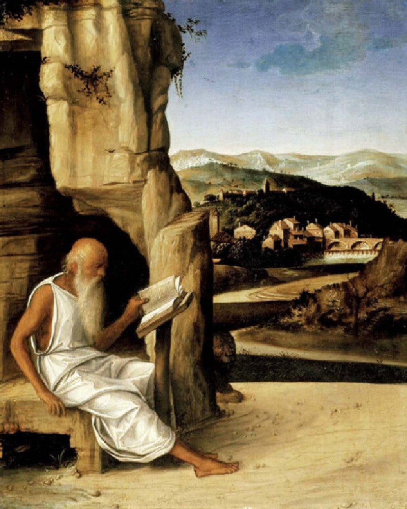 Saint Jerome lesende i et landskap - Giovanni Bellini