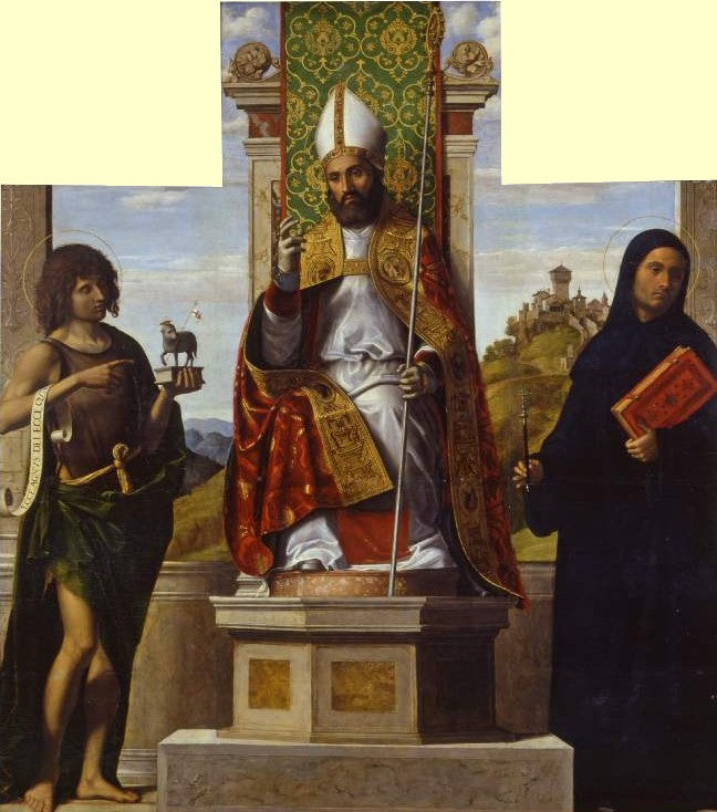 Saint Lanfranc som troner mellom Saint Jean-Baptiste og Saint Libère - Cima da Conegliano