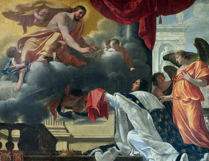 Saint Louis mottar korset av torner fra Kristi hender som åpenbarer seg for ham - Simon Vouet