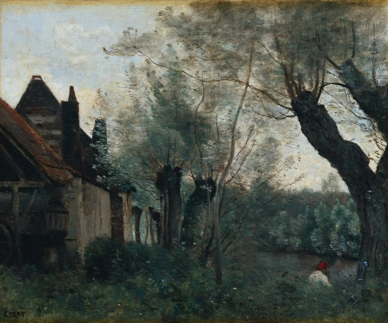 Sainte-Catherine-lez-Arras, vierbusker og små hus - Jean-Baptiste Camille Corot