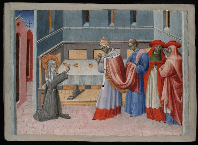 Santa Clara av Assisi velsigner brødet foran pave Innocent IV - Giovanni di Paolo