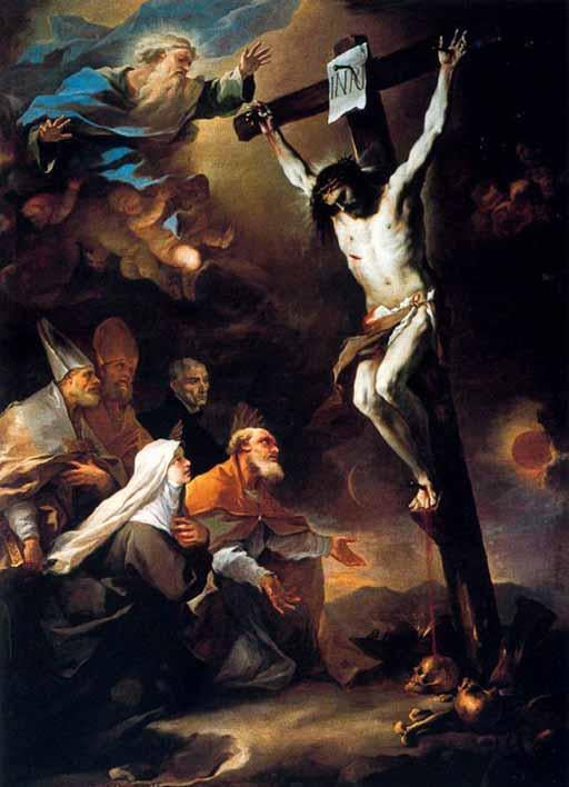 Napoli skytshelgener som tilber korset - Luca Giordano