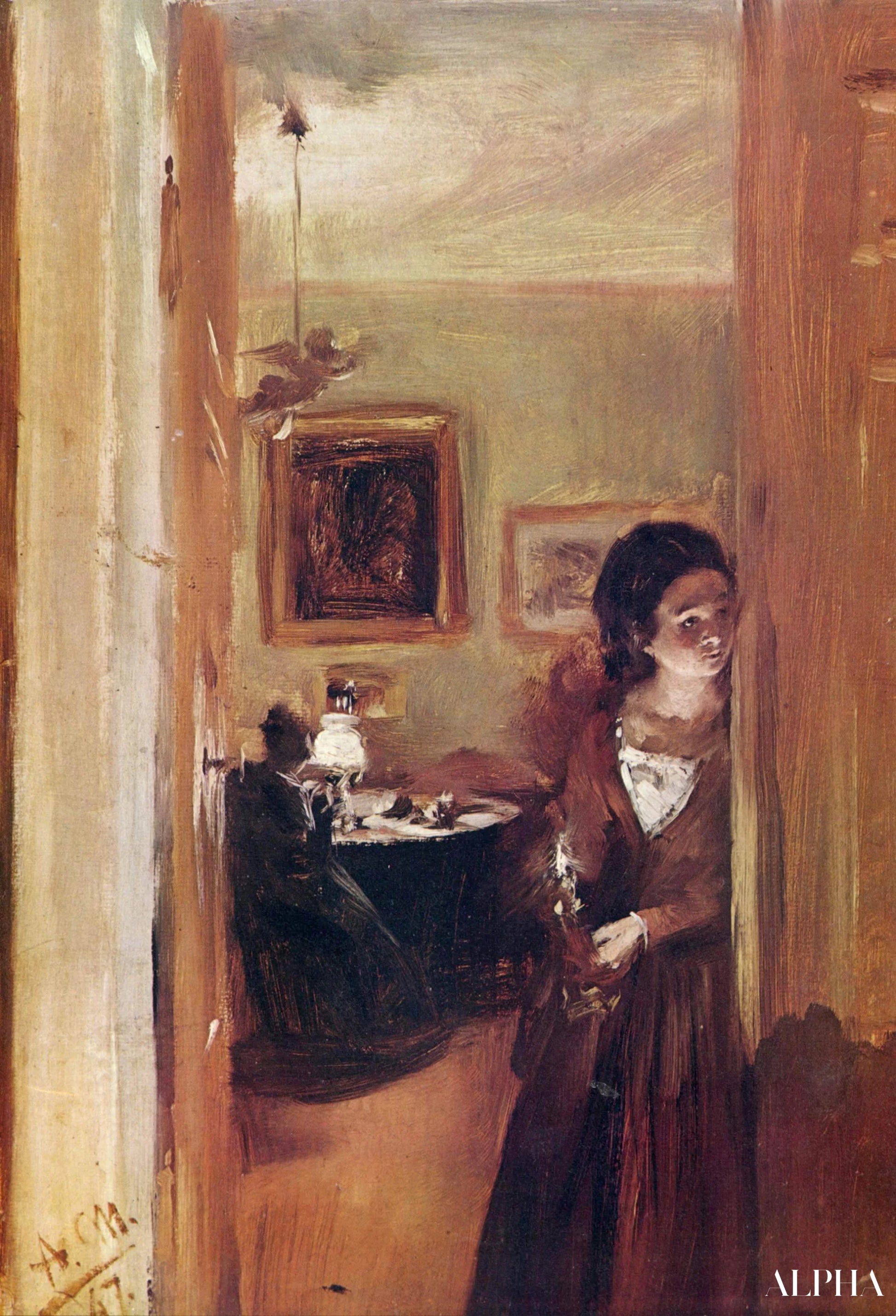 Reproduction du tableau « Salon avec la sœur de l'artiste - Adolph von Menzel » par Alpha Reproduction en peinture à l’huile