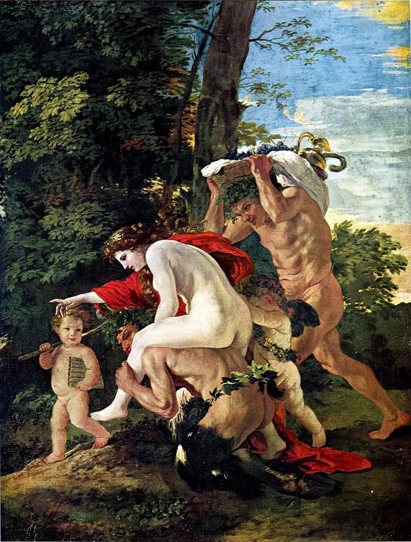 Bakkhansk scene eller Nymfe som rir en satyr - Nicolas Poussin