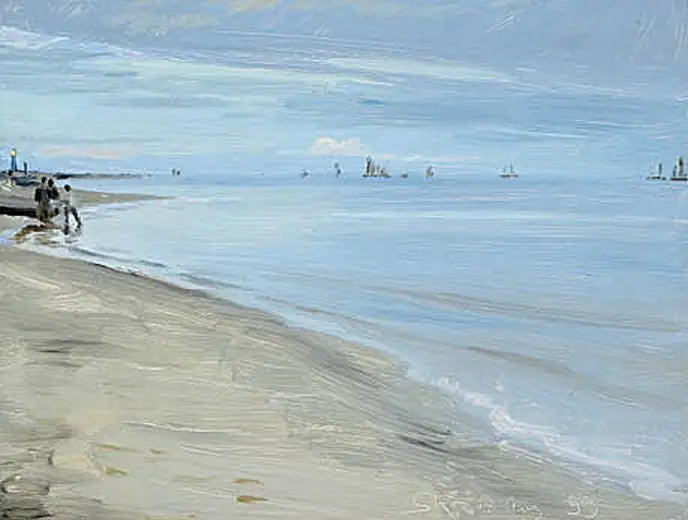 Strandscene i Skagen. Fiskere på en båt. Fyret er opplyst. - Peder Severin Krøyer