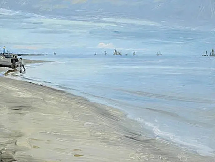 Strandscene i Skagen. Fiskere på en båt. Fyret er opplyst. - Peder Severin Krøyer