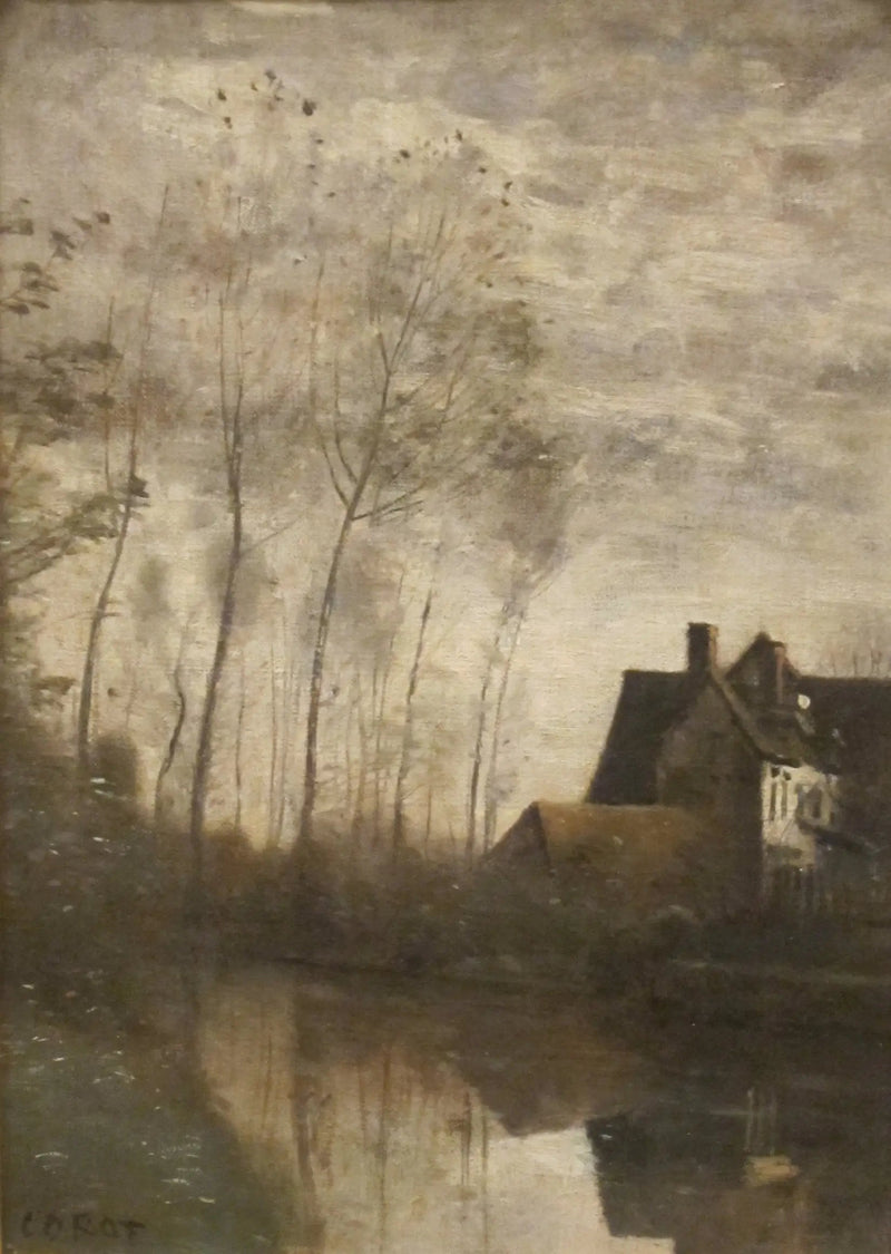 Elvescene med hus og piletrær - Jean-Baptiste Camille Corot