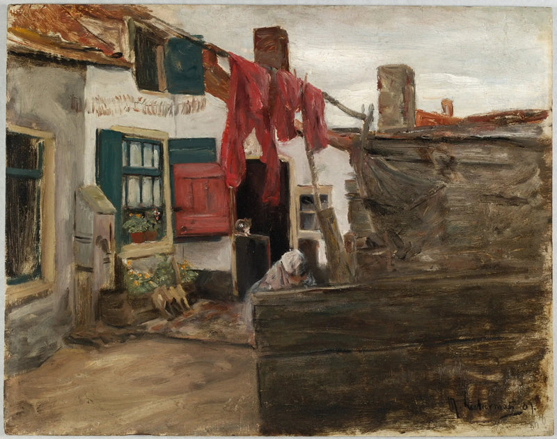 Hollandsk landsbyscene med hengende klær - Max Liebermann