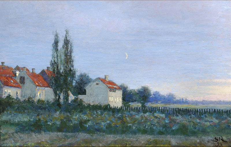 Kveldsutsikt med hus og piletrær. - Peder Severin Krøyer
