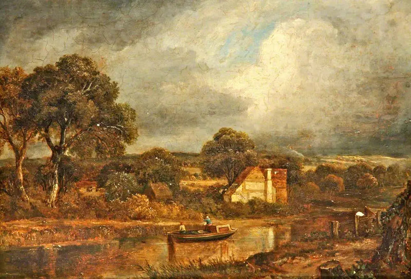 Flusslandskap med en elvebåt og hytter - John Constable