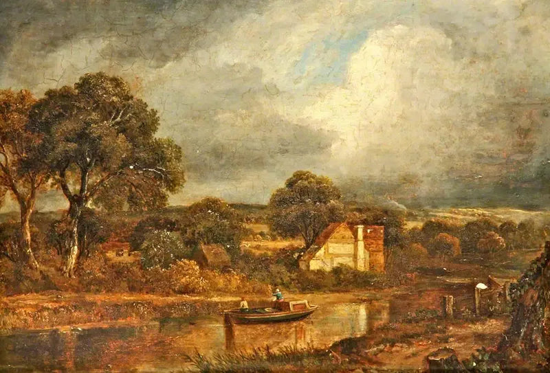 Flusslandskap med en elvebåt og hytter - John Constable