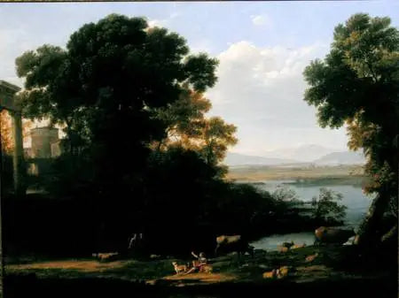 Klassisk elvescene med utsikt over en by - Claude Lorrain