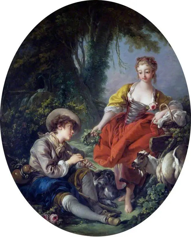 Pastellscene: hyrde med pipe og jente - François Boucher