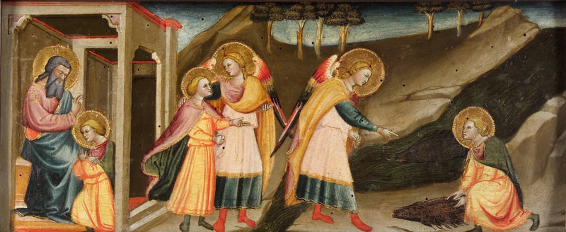 Tobias-scener (Tobias tar farvel med sin far; Tobias og ærkeengelen Raphael sine vandringer; Tobias som tar hjertet, spaken og bitterheten fra fisken) - Bicci di Lorenzo