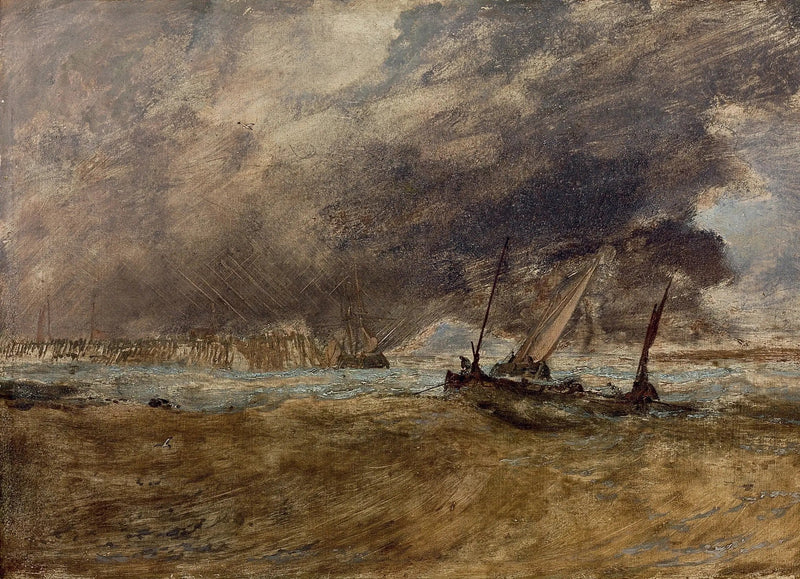 Sjøstykke med fiskebåter ved en trepiral, en storm som nærmer seg - J. M. W. Turner