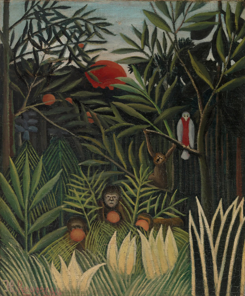 Aperokser og papegøye i regnskogen - Henri Rousseau