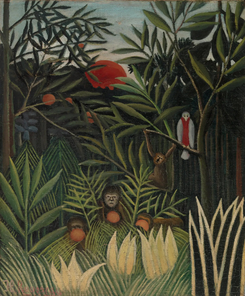 Aperokser og papegøye i regnskogen - Henri Rousseau
