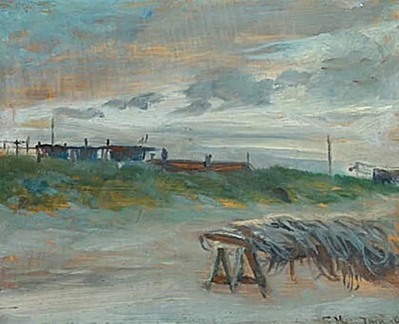 Skagen Sønderstrand en en junikveld, i overskyet vær. Fiskegarn foran. - Peder Severin Krøyer