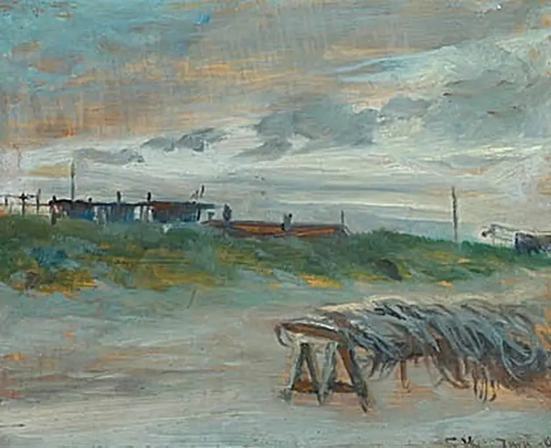 Skagen Sønderstrand en en junikveld, i overskyet vær. Fiskegarn foran. - Peder Severin Krøyer
