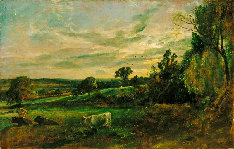 Sommerkveld: utsikt nær East Bergholt som viser Langham kirke, Stratford kirke og Stoke-by-Nayland kirke - John Constable