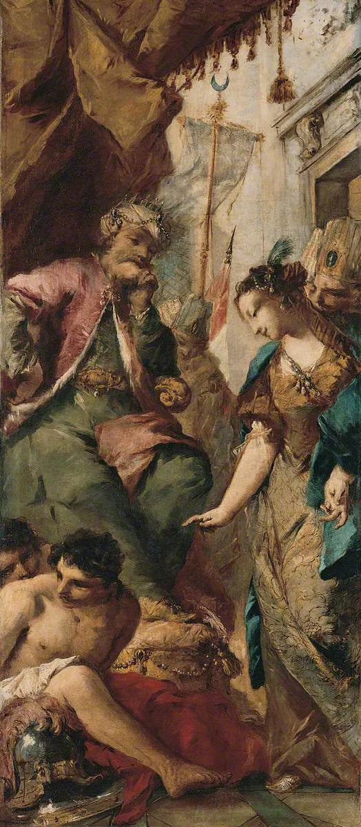 Sophronie ber den sarranske kongen Aladine om å løslate de kristne fangene - Francesco Guardi