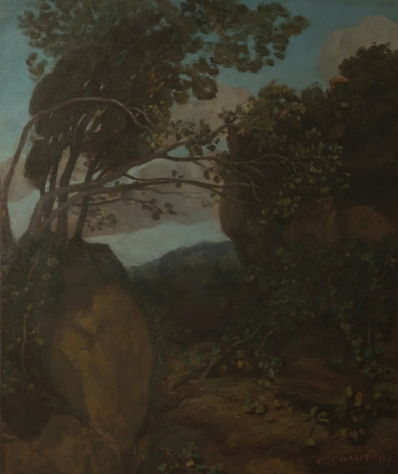 Minne fra Nemi. Klipper og busker - Jean-Baptiste Camille Corot