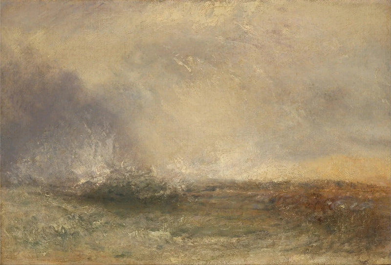 Stormfull sjø som bryter mot en kyst - J. M. W. Turner