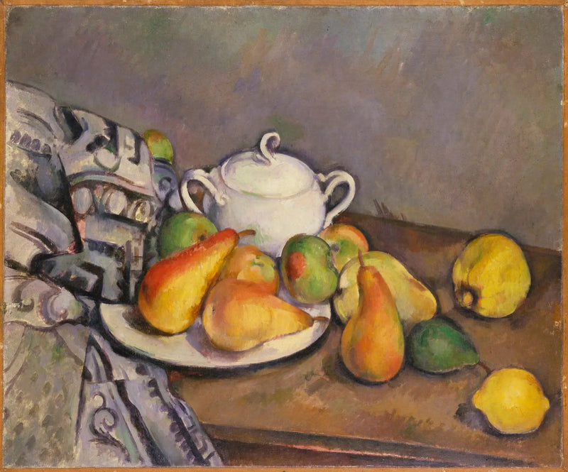 Sukkerbøsse, pærer og teppe - Paul Cézanne