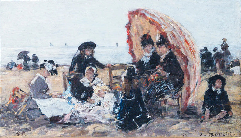 På stranden i Trouville, i ly av den røde parasollen - Eugène Boudin