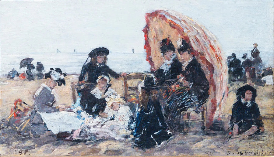 På stranden i Trouville, i ly av den røde parasollen - Eugène Boudin