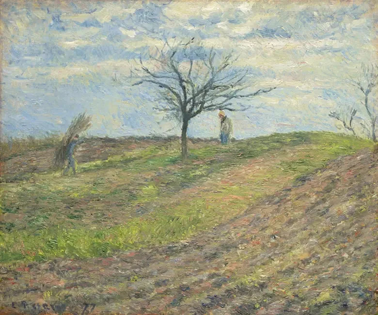 Bearbeidet jord om vinteren, med en mann som bærer en pedé - Camille Pissarro