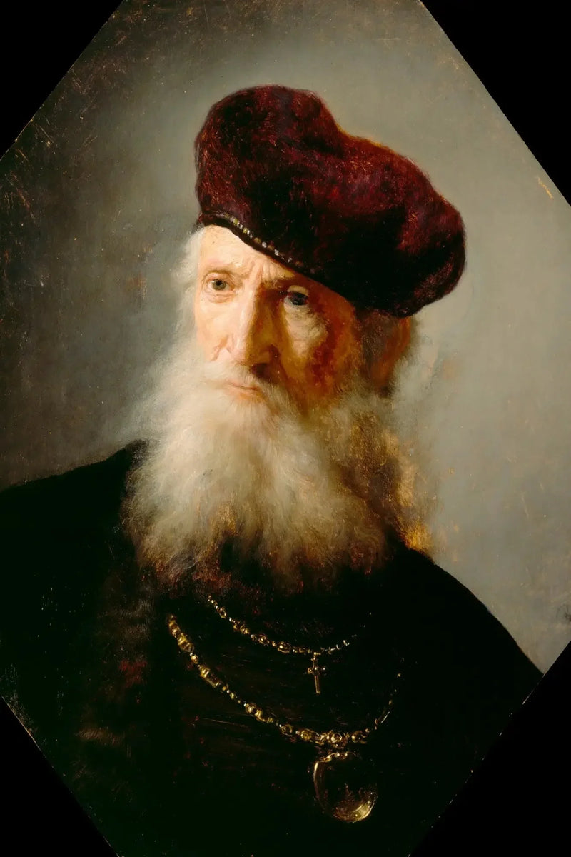 Hode av en gammel skjeggete mann med en høy baret - Rembrandt