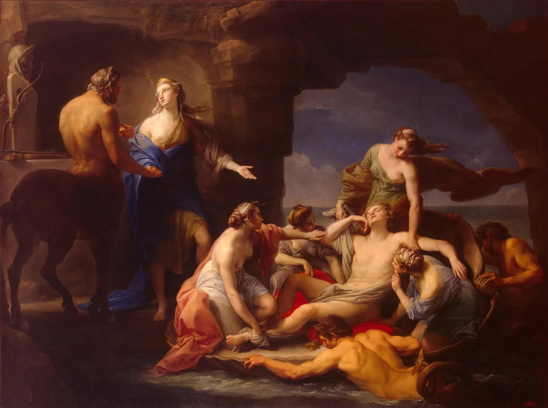 Thétis tar sin sovende sønn Achille ut av centauren Chiron - Pompeo Batoni