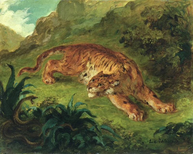 Skremt tiger av en slange - Eugène Delacroix